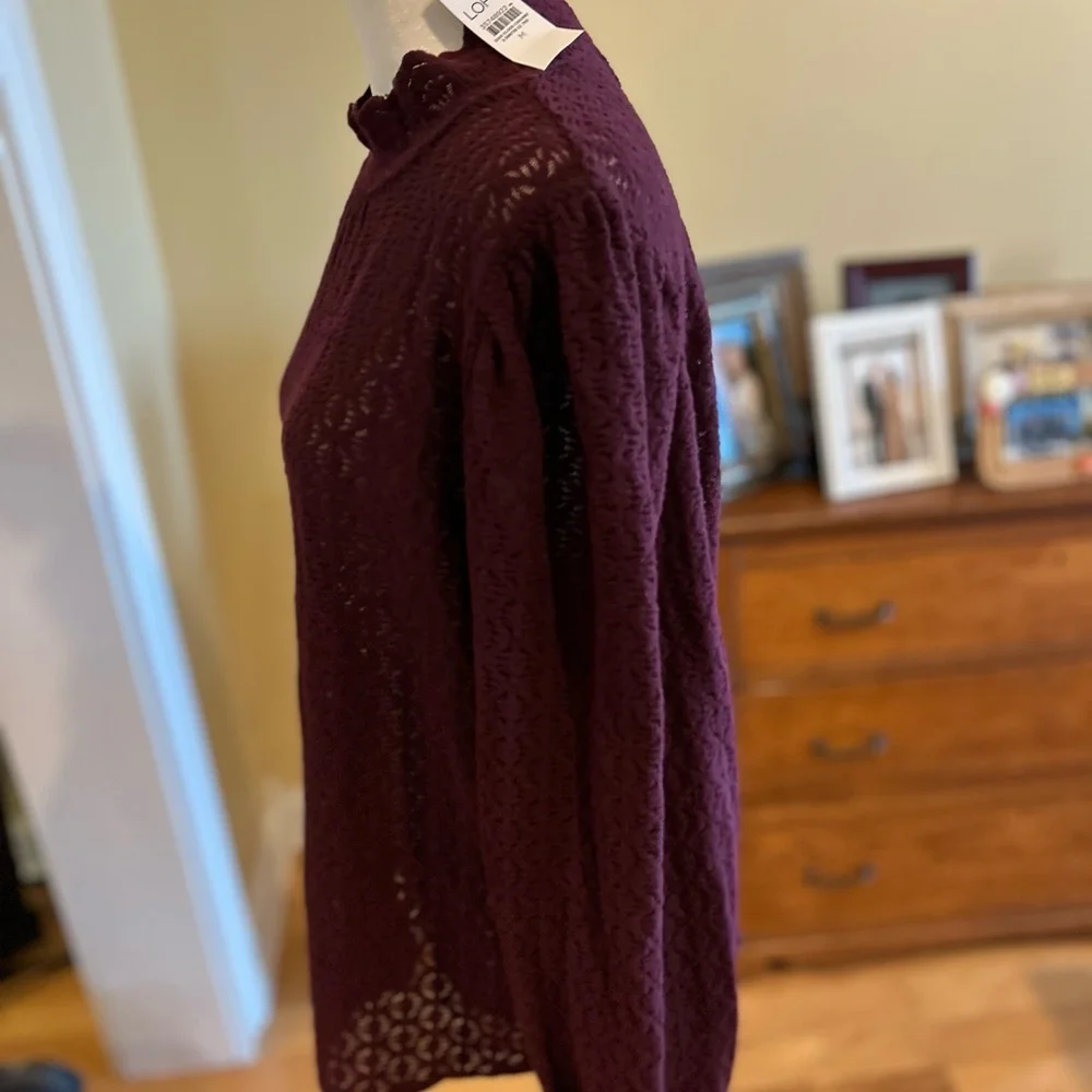 NWT Burgundy Eyelet Mock Neck Blouse Scallop Trim Long Sleeve Top